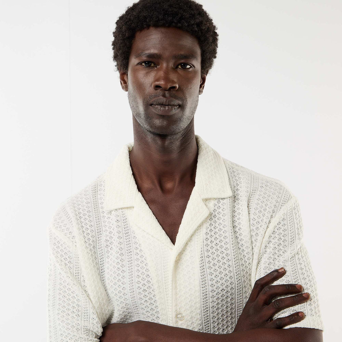 Camisa de punto calado de manga corta BLANCO