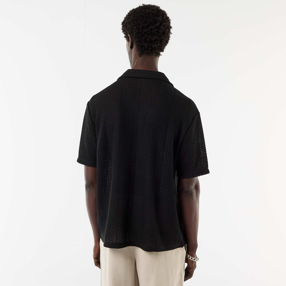 Camisa de punto calado de manga corta NEGRO