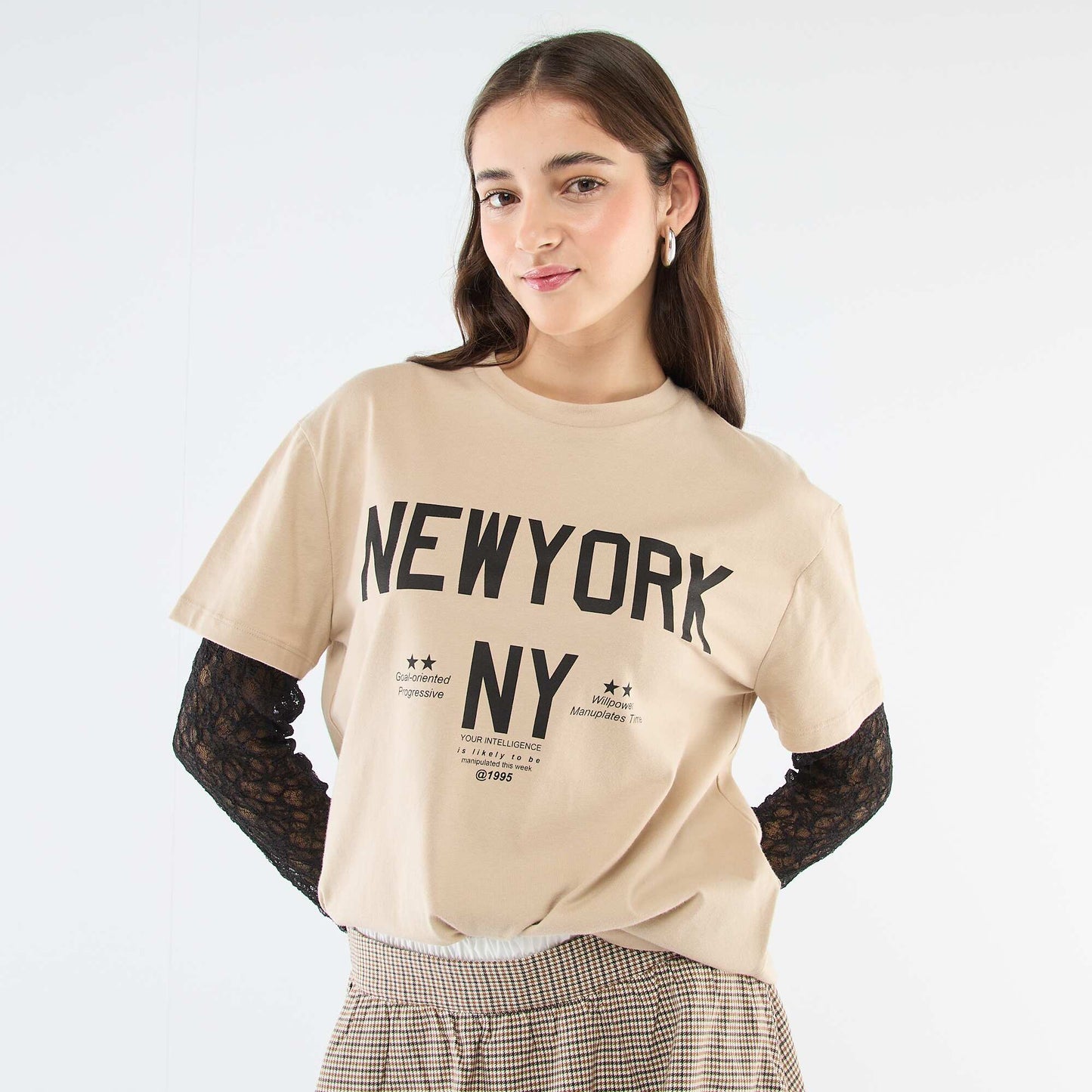 Camiseta 2 en 1 con encaje BEIGE