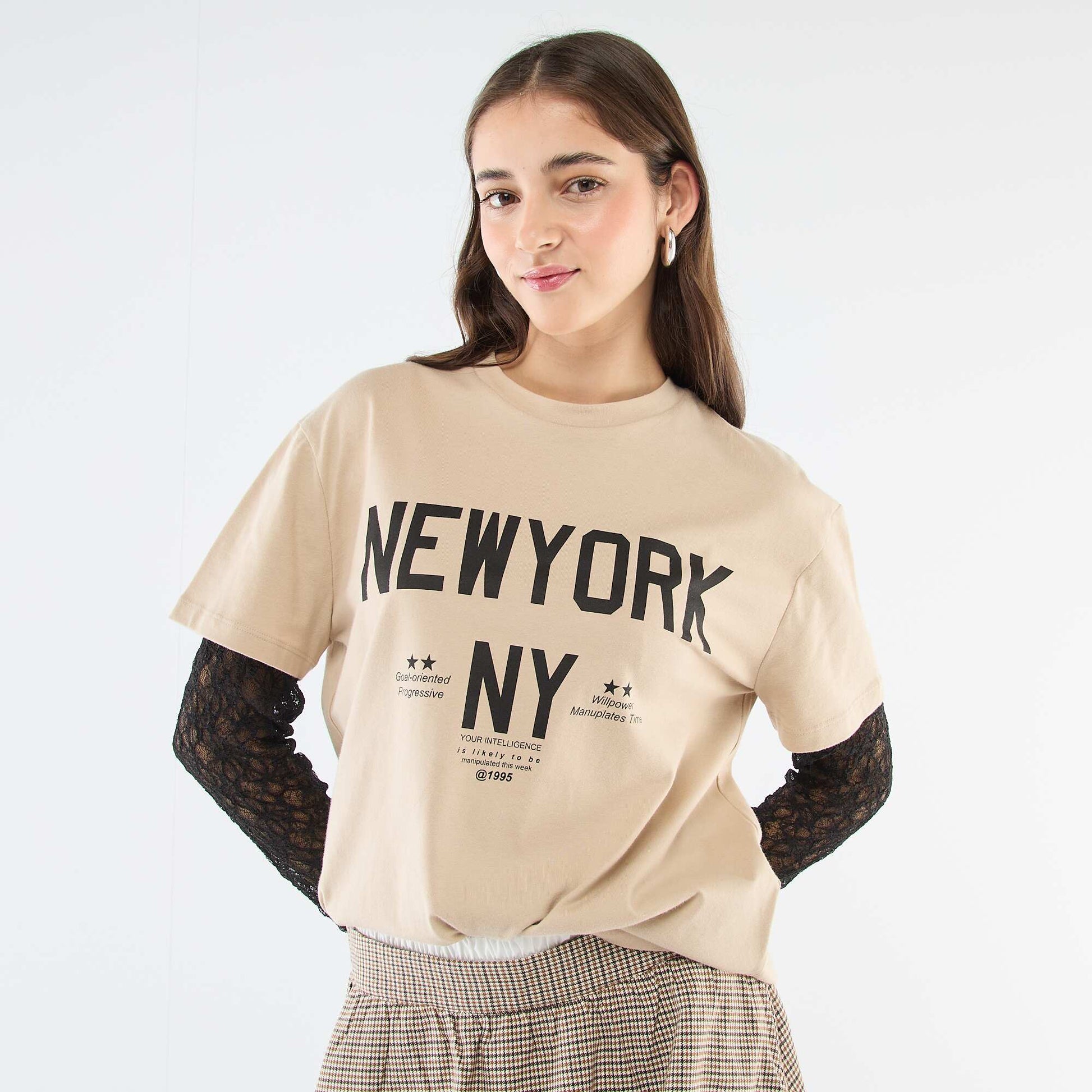 Camiseta 2 en 1 con encaje BEIGE