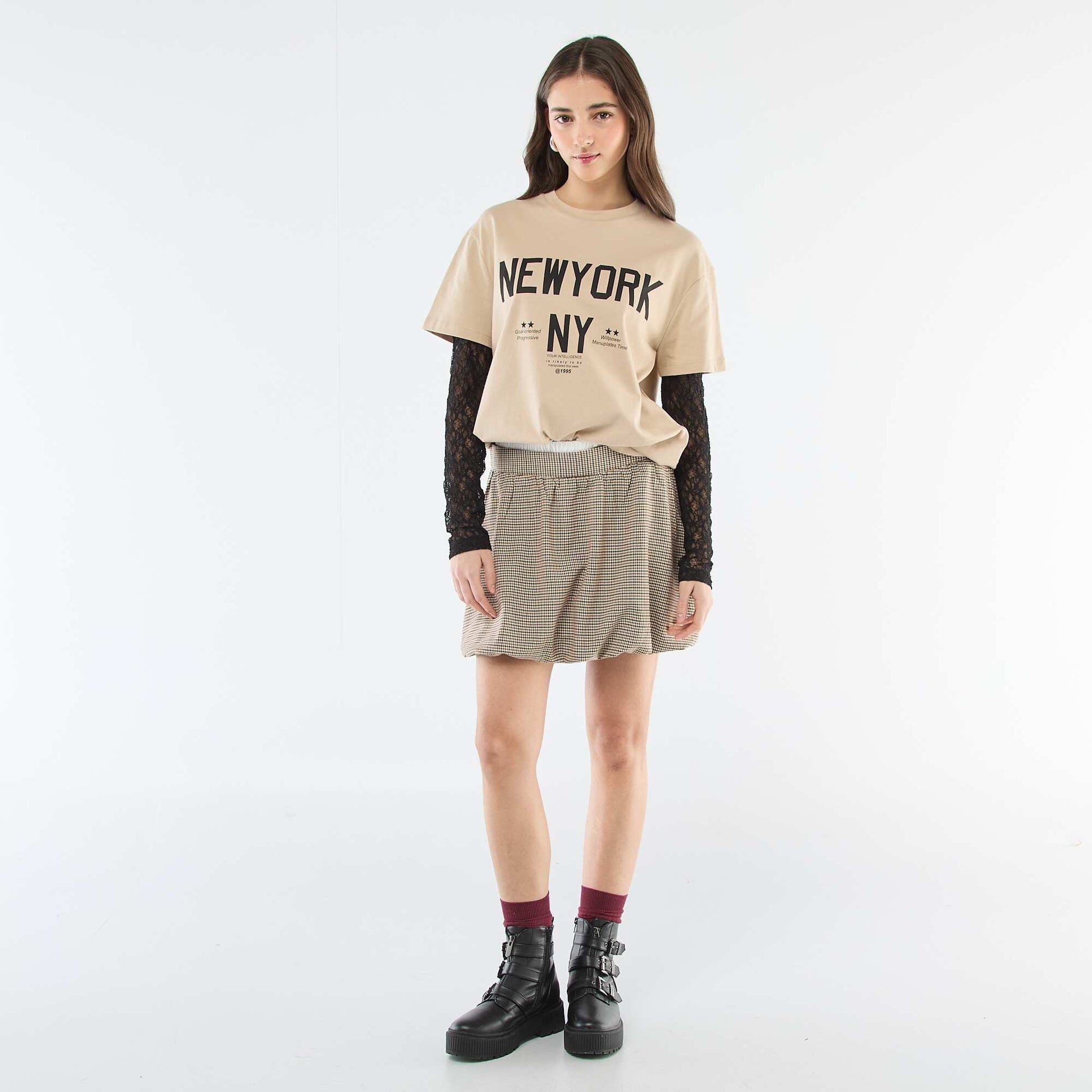 Camiseta 2 en 1 con encaje BEIGE