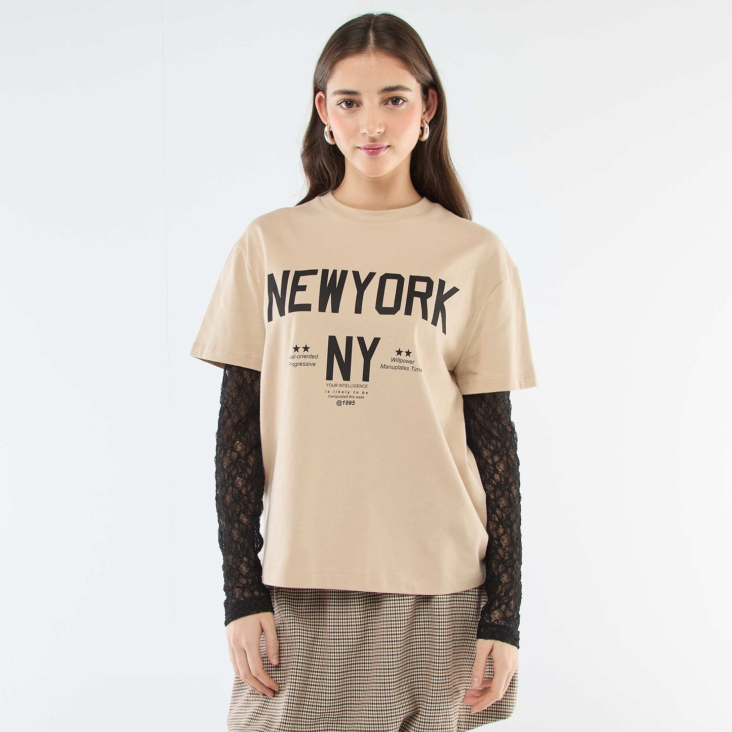 Camiseta 2 en 1 con encaje BEIGE