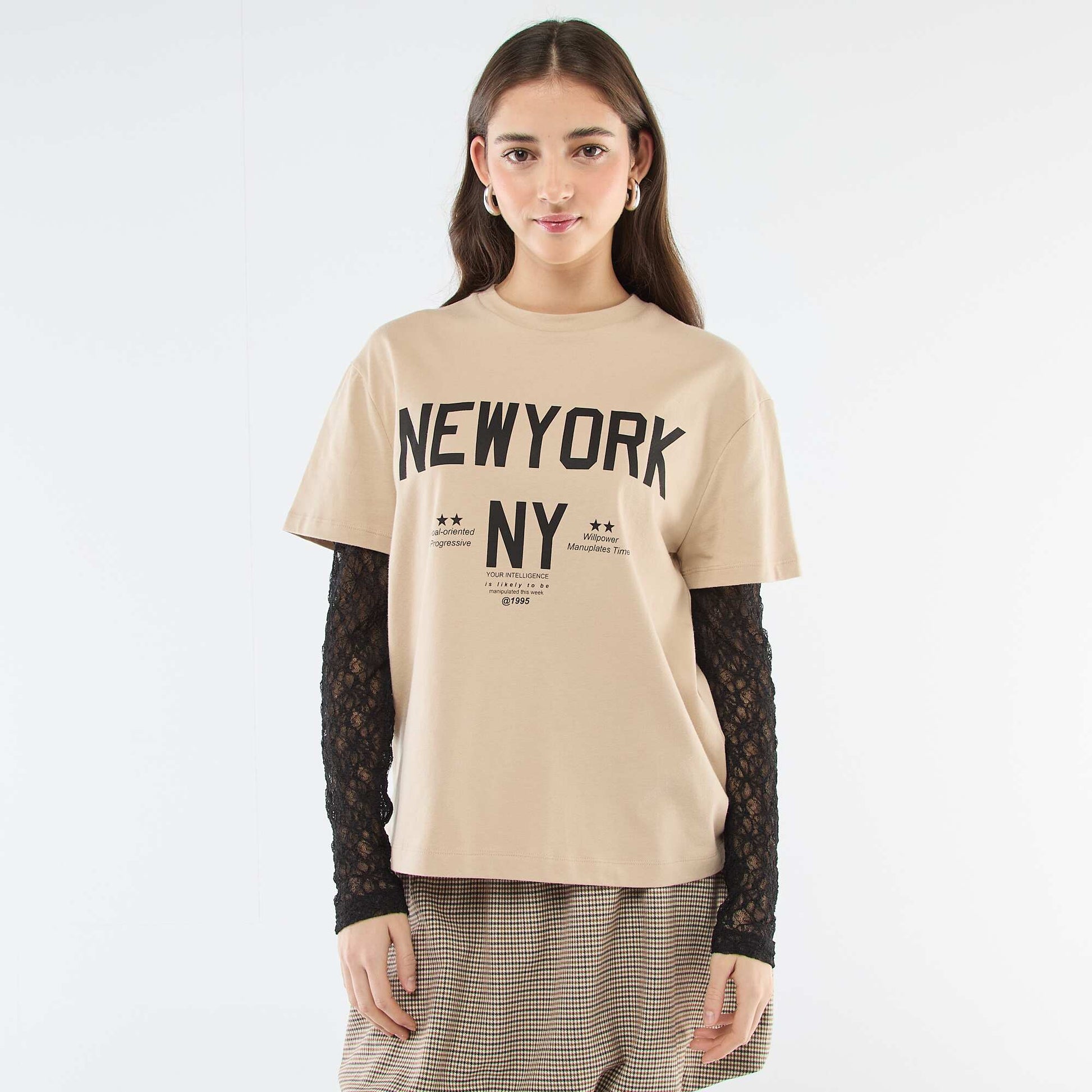Camiseta 2 en 1 con encaje BEIGE