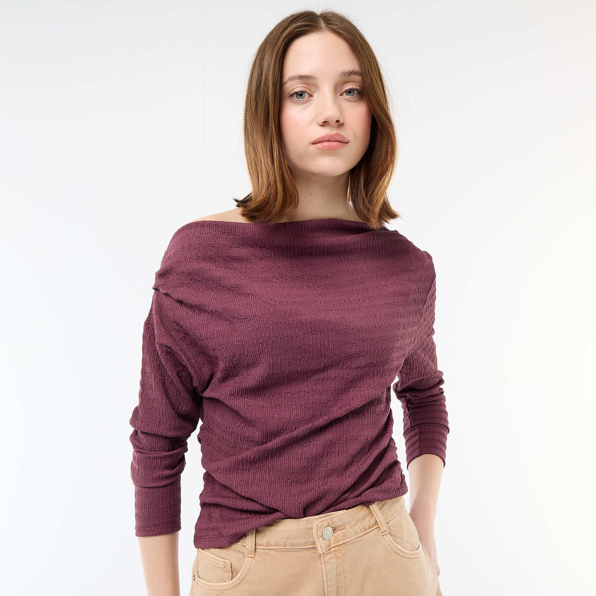 Camiseta de manga larga en punto gofrado PURPURA