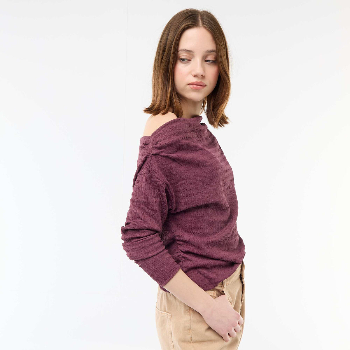 Camiseta de manga larga en punto gofrado PURPURA