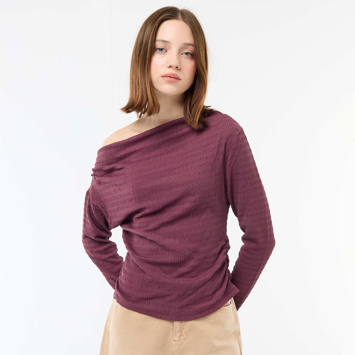 Camiseta de manga larga en punto gofrado PURPURA