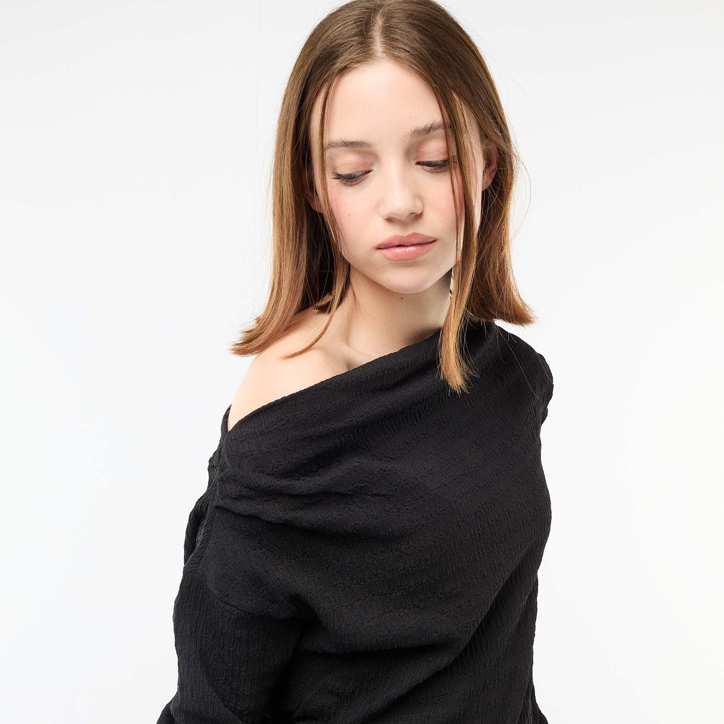 Camiseta de manga larga en punto gofrado NEGRO