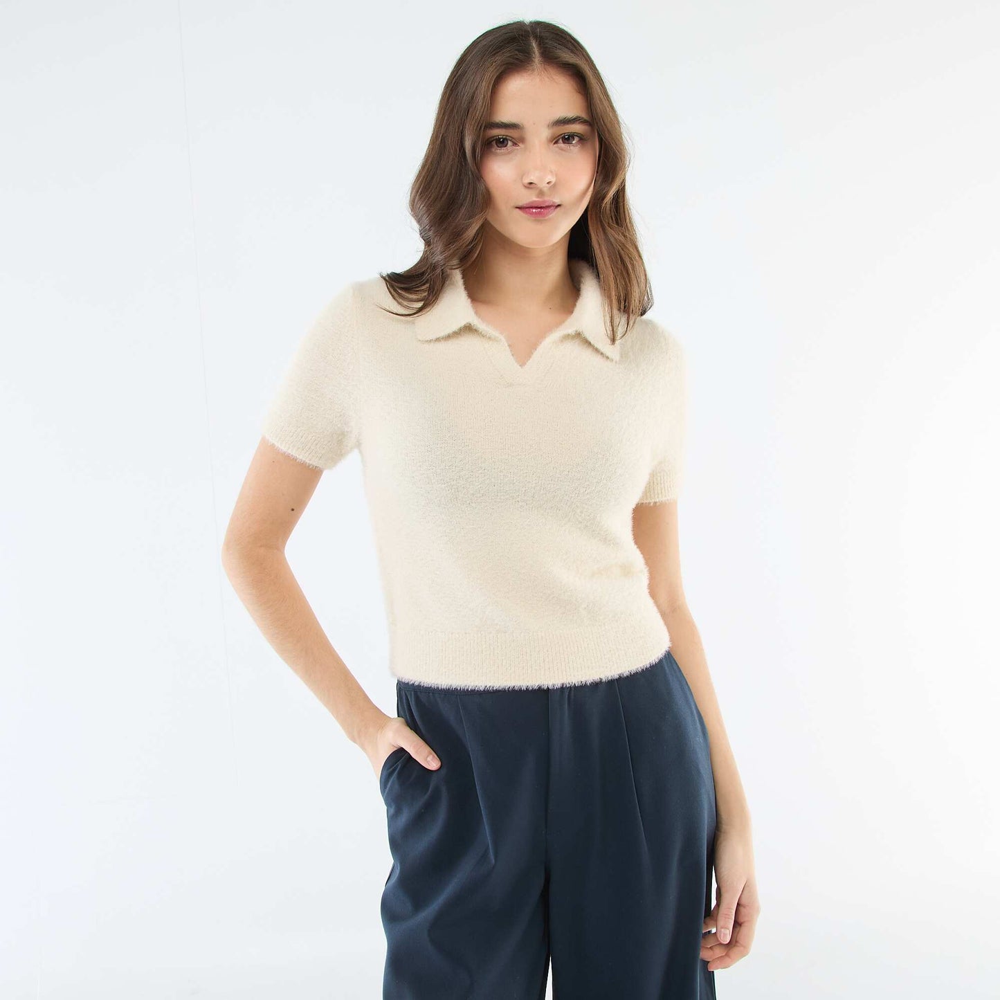 Sweater de manga corta de punto efecto pelo BEIGE