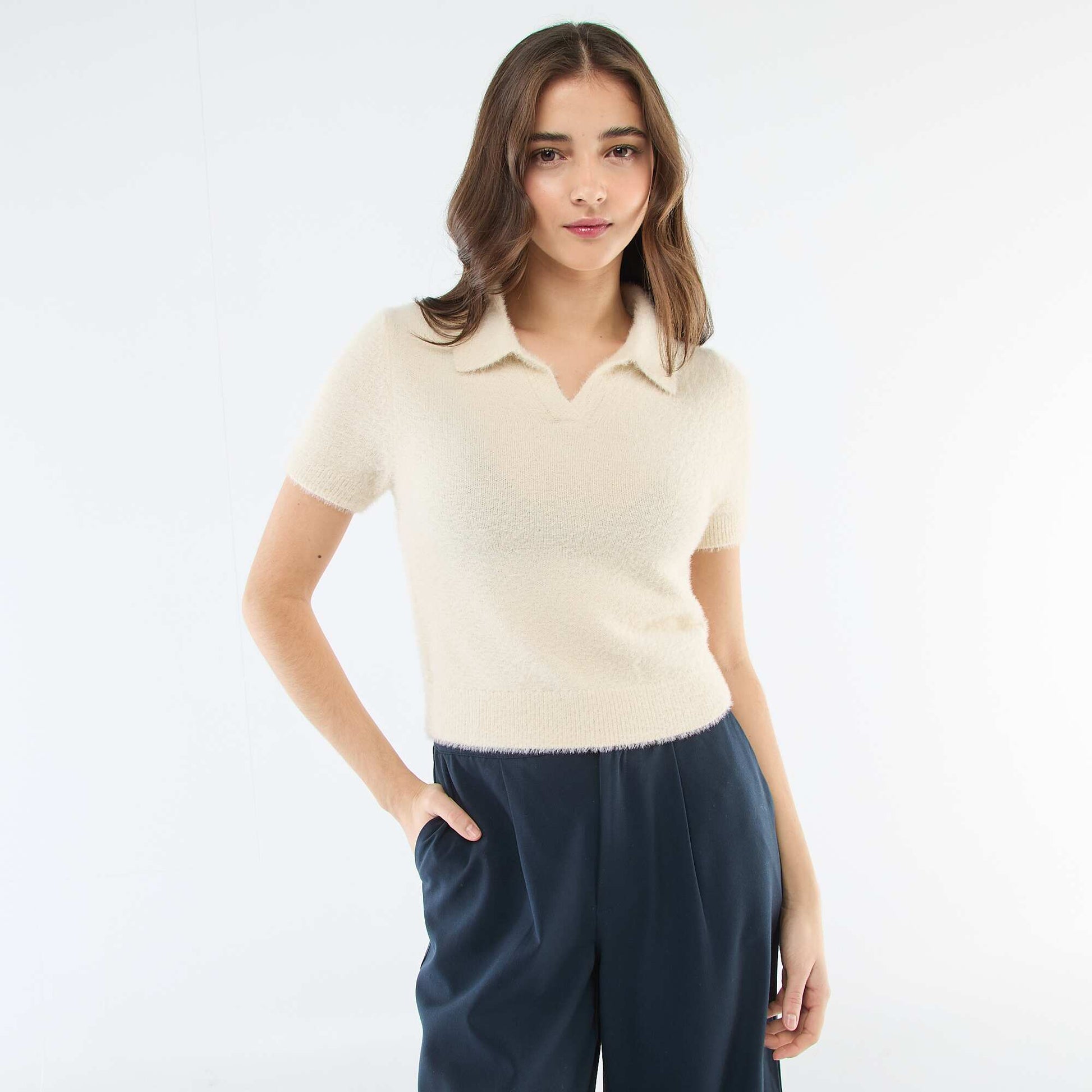 Sweater de manga corta de punto efecto pelo BEIGE