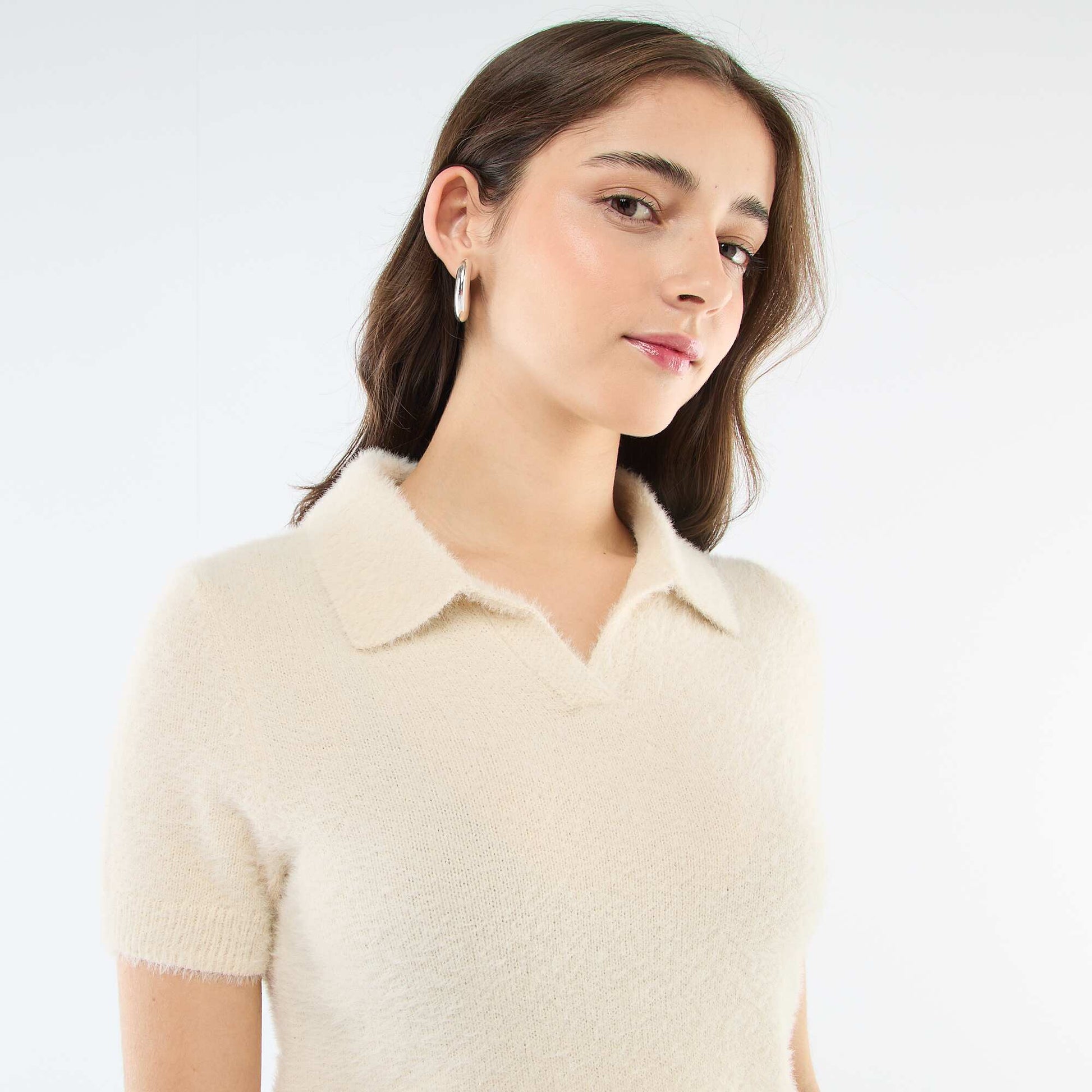 Sweater de manga corta de punto efecto pelo BEIGE