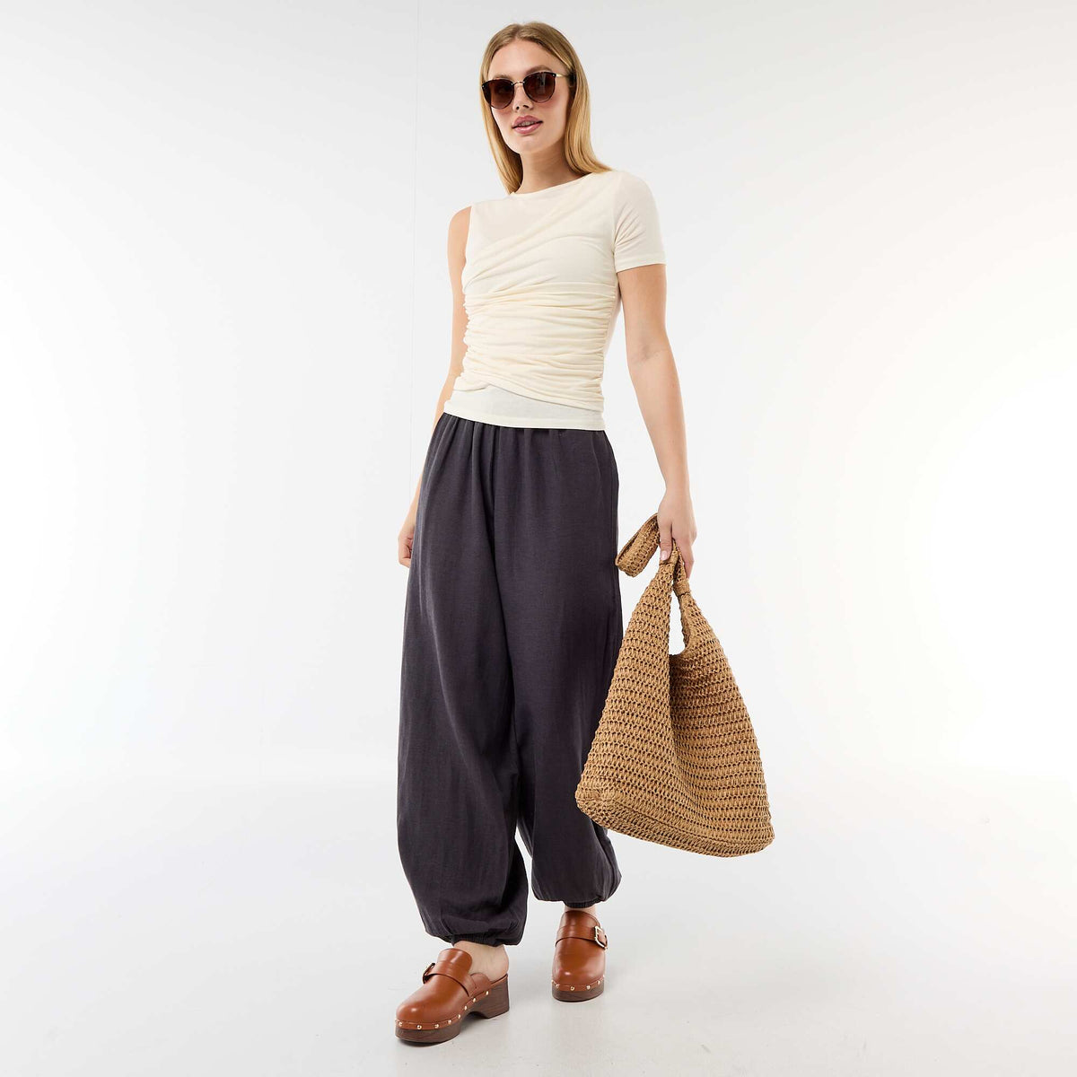 Pantalón ancho de mujer con cintura elástica y bajo ajustado GRIS