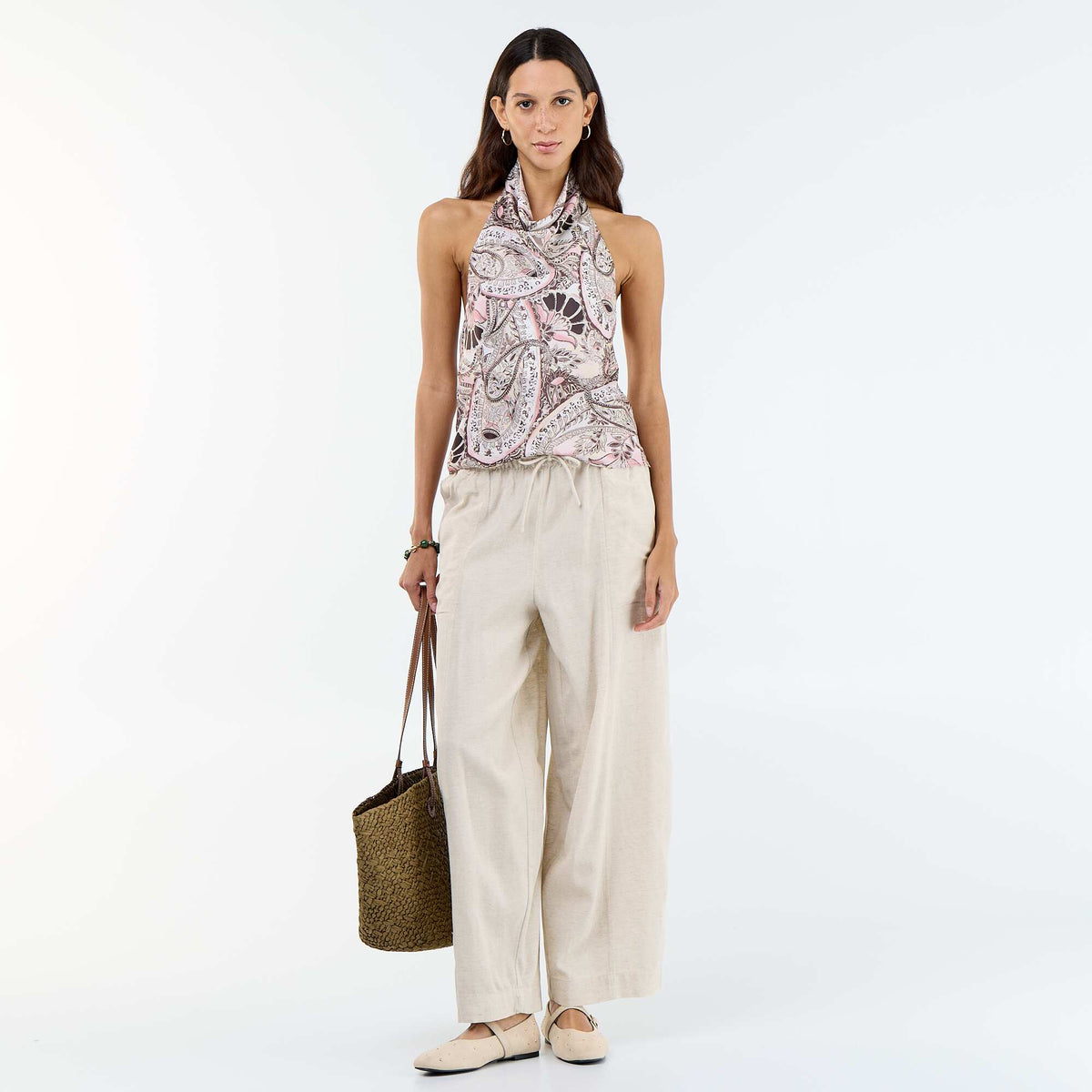 Pantalón ancho de lino mezclado BLANCO
