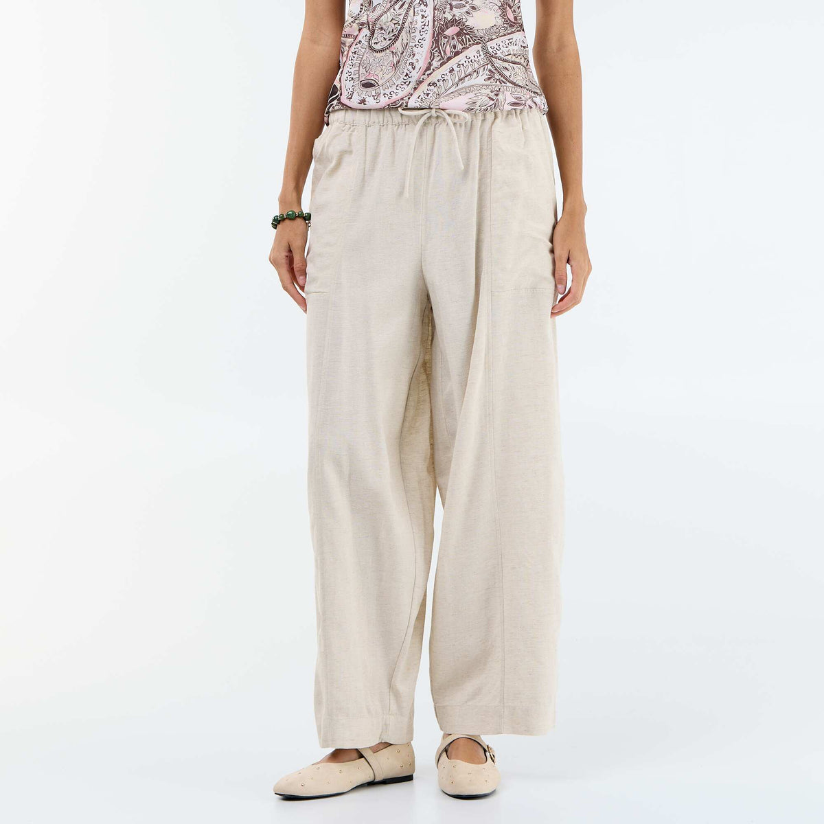 Pantalón ancho de lino mezclado BLANCO