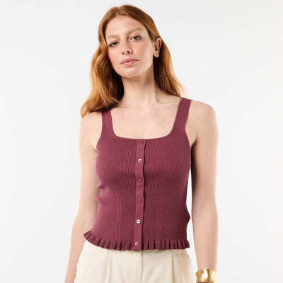 Camiseta de tirantes acanalada con abertura de botones decorativa en la parte delantera ROSA