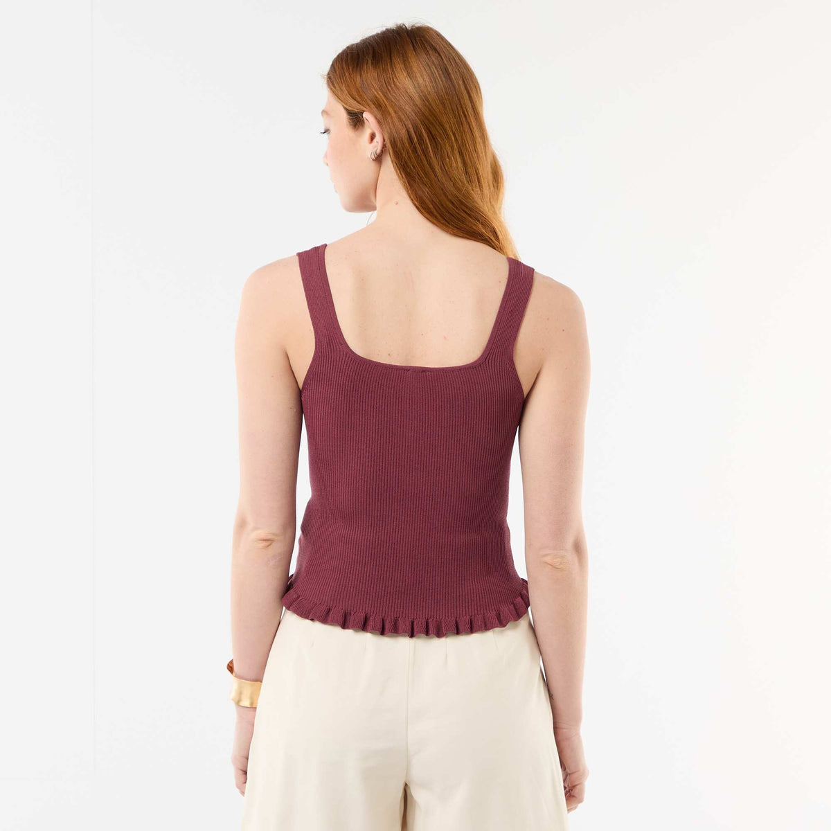 Camiseta de tirantes acanalada con abertura de botones decorativa en la parte delantera ROSA