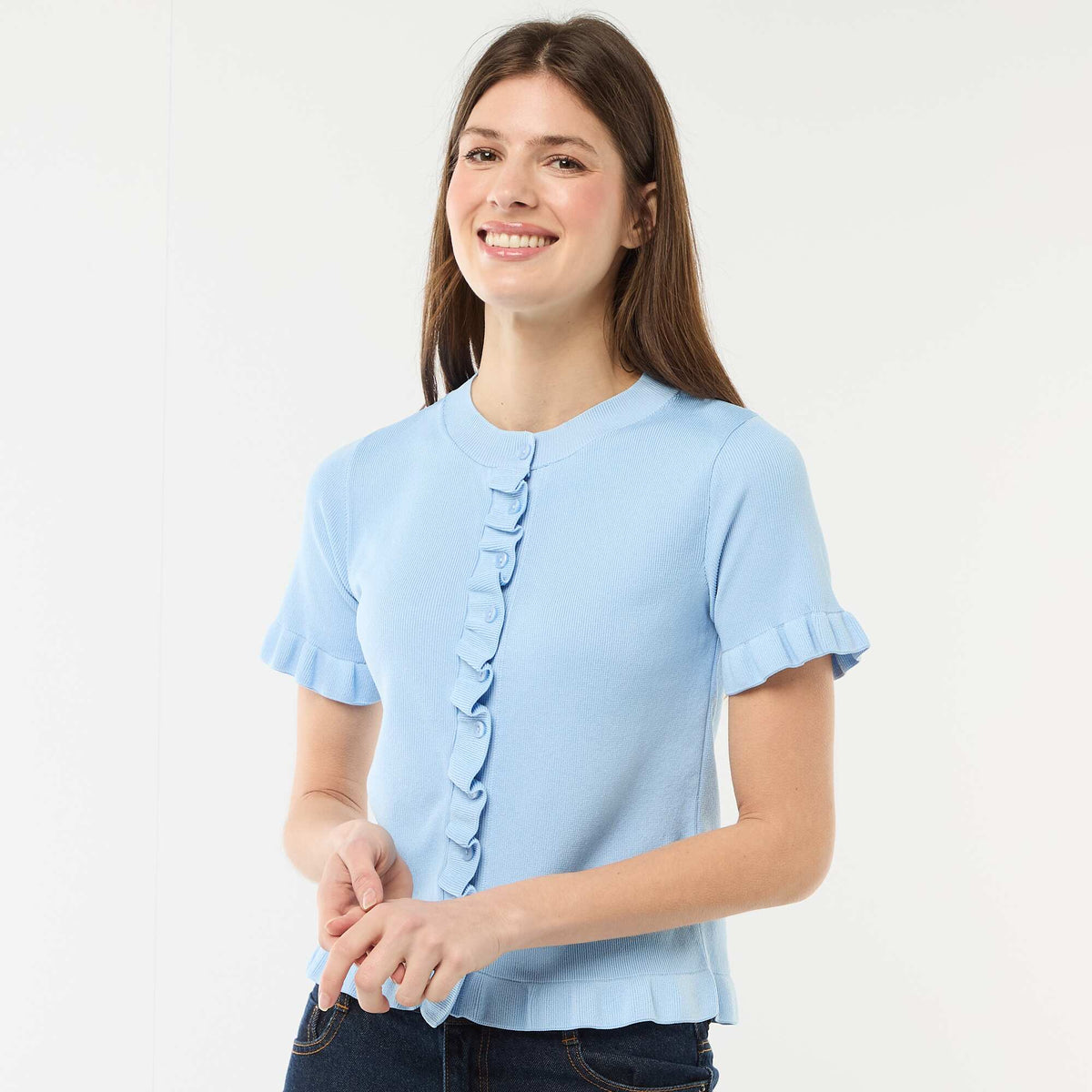 Camiseta de punto abotonada con volantes AZUL