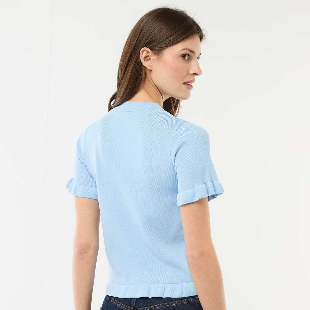 Camiseta de punto abotonada con volantes AZUL