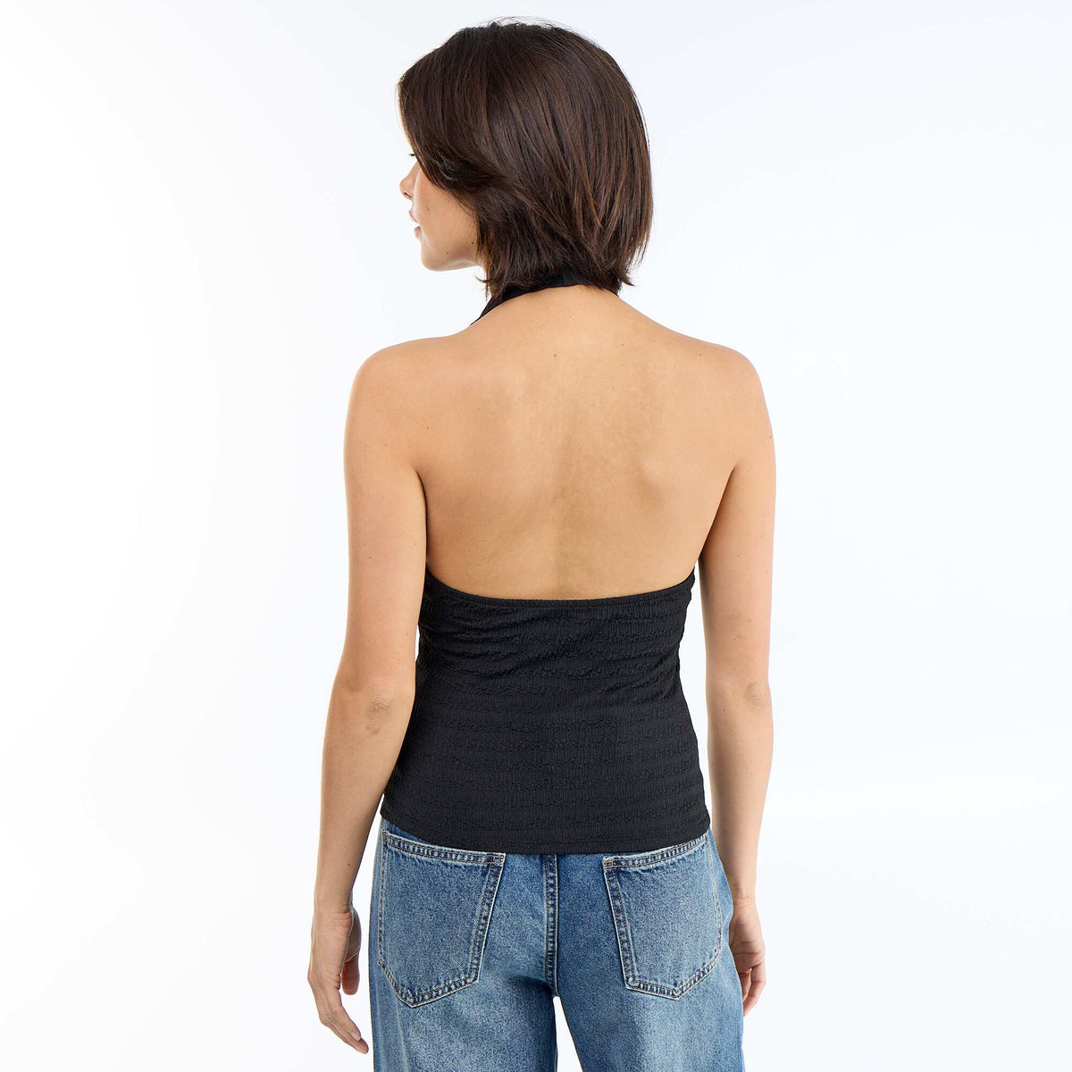 Top de espalda descubierta de lunares de tejido crinkle NEGRO
