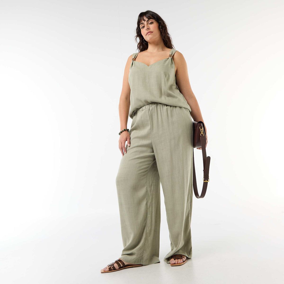 Pantalón ancho de lino mezclado VERDE CLARO