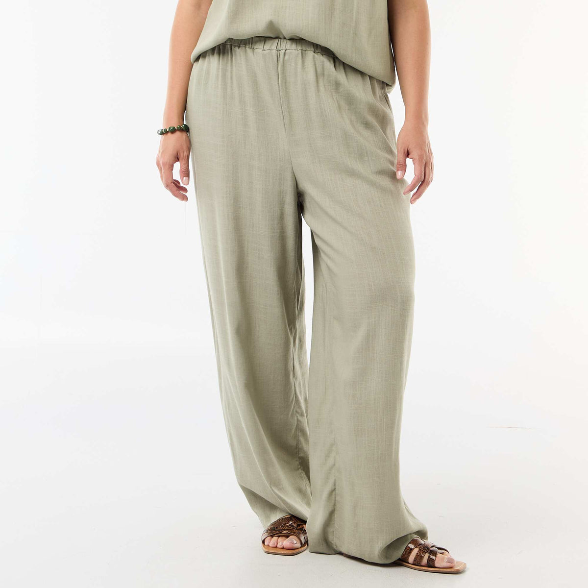 Pantalón ancho de lino mezclado VERDE CLARO