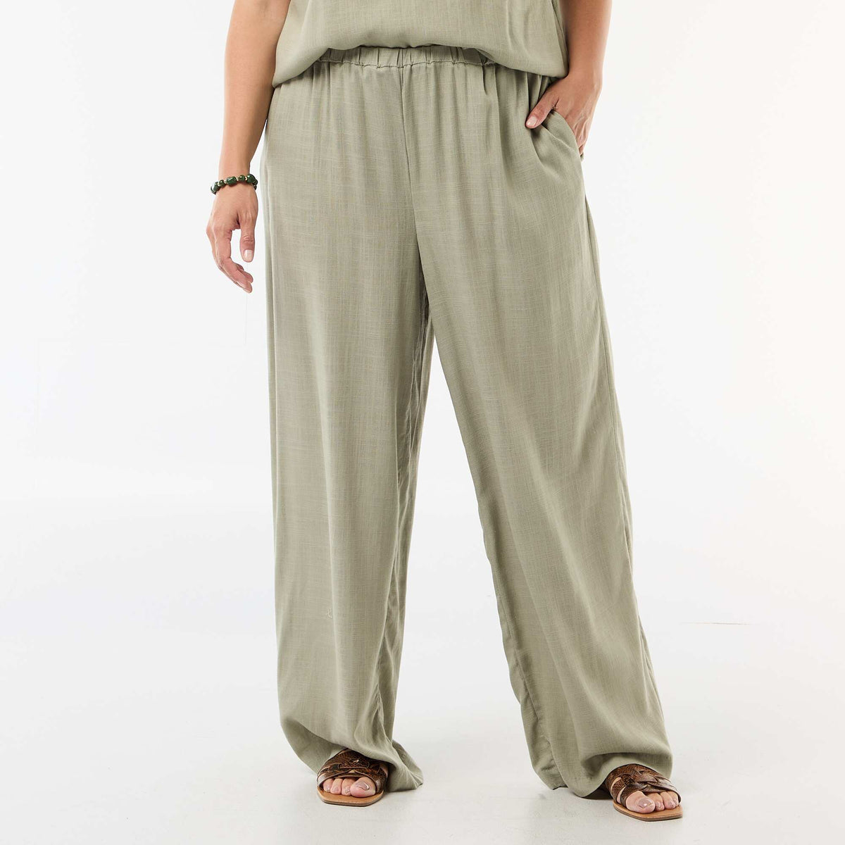 Pantalón ancho de lino mezclado VERDE CLARO