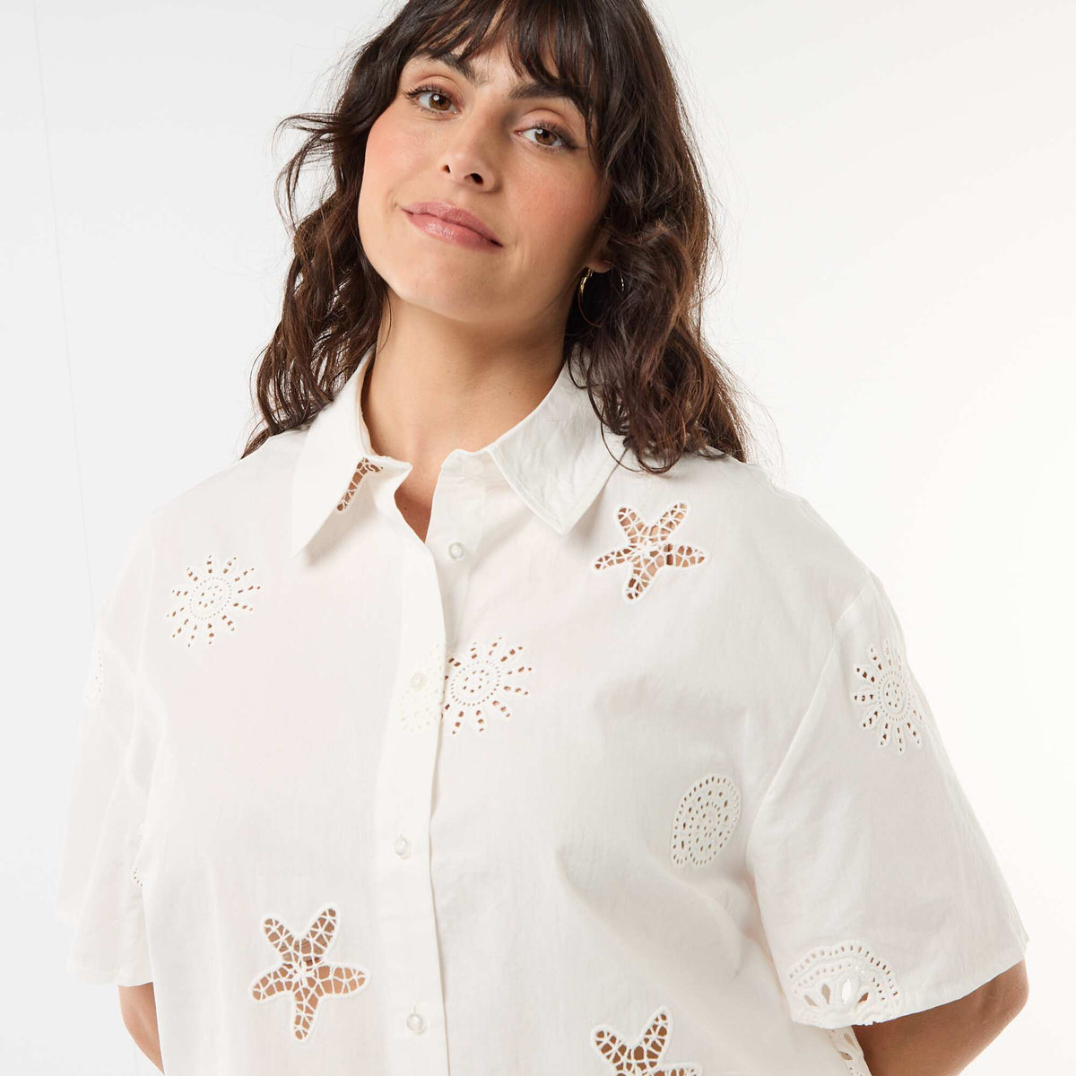 Camisa de algodón con motivos calados BLANCO