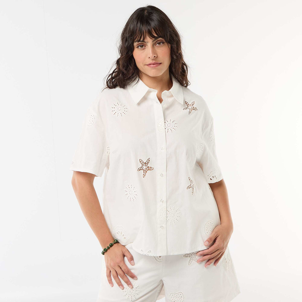 Camisa de algodón con motivos calados BLANCO