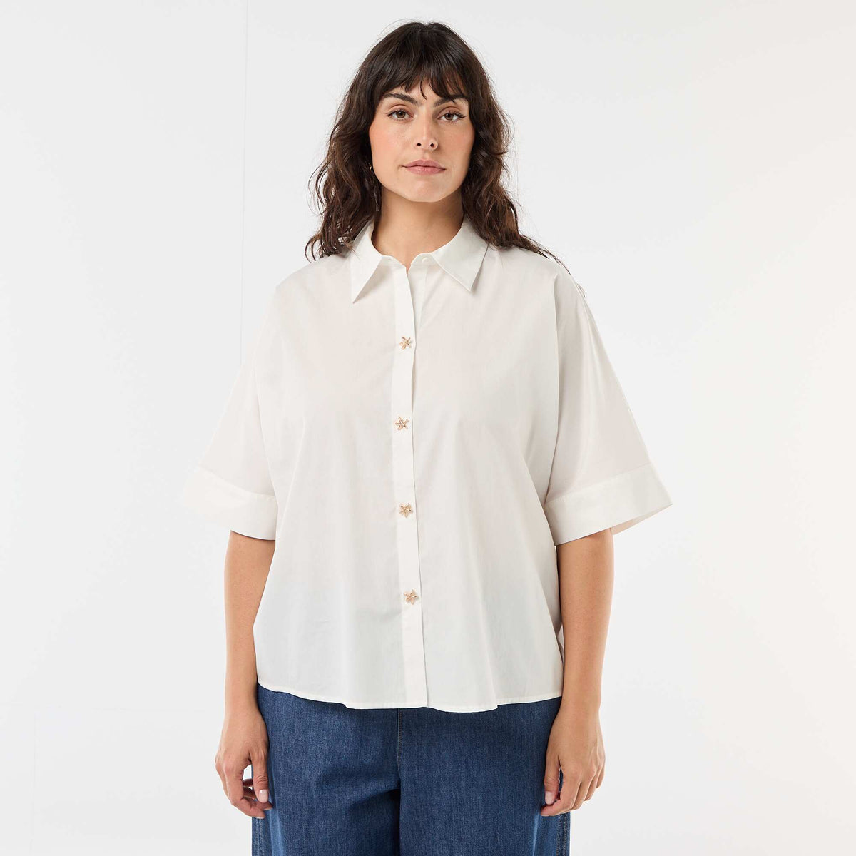 Camisa satinada con botones de estrella de mar BLANCO
