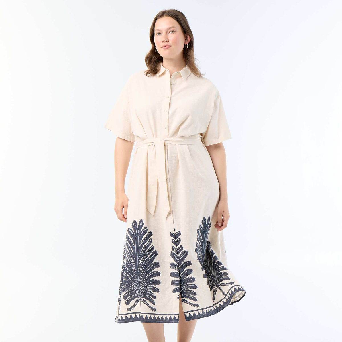Vestido camisero largo de manga corta BEIGE