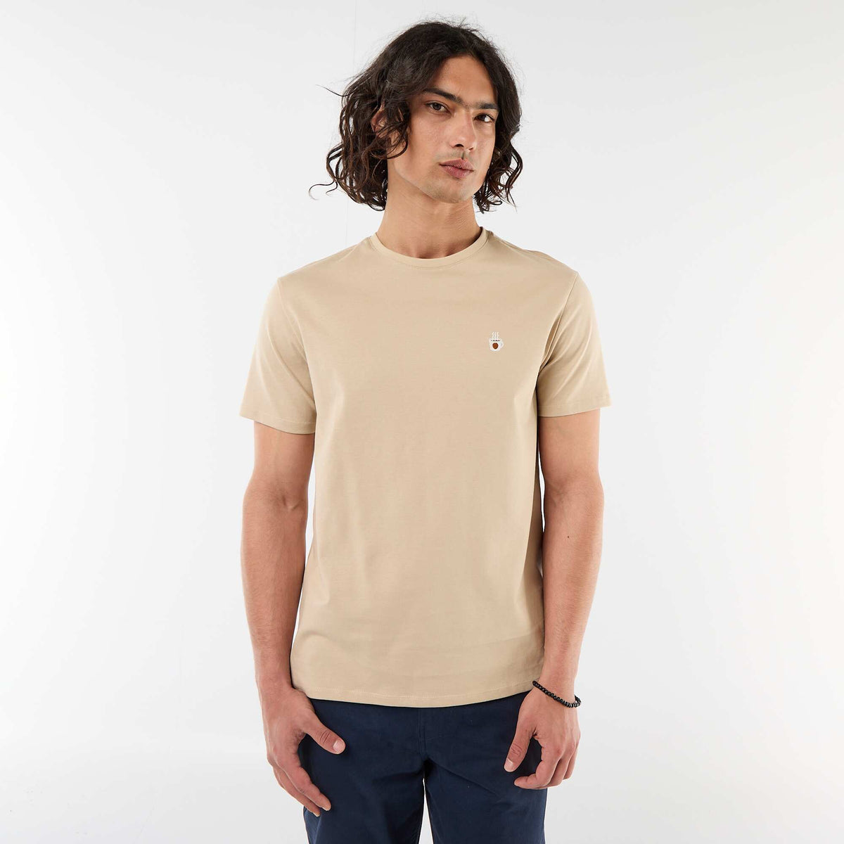 Camiseta lisa de manga corta con bordado BEIGE