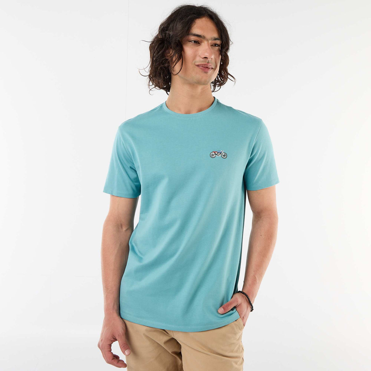 Camiseta lisa de manga corta con bordado AZUL