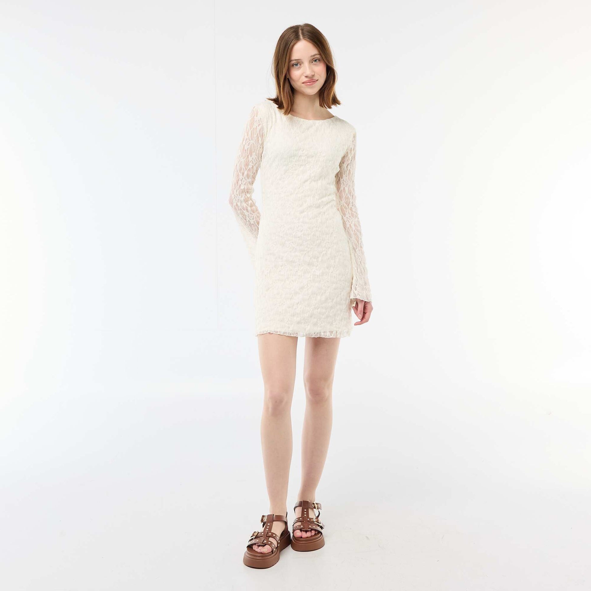 Vestido corto de encaje de manga larga BEIGE