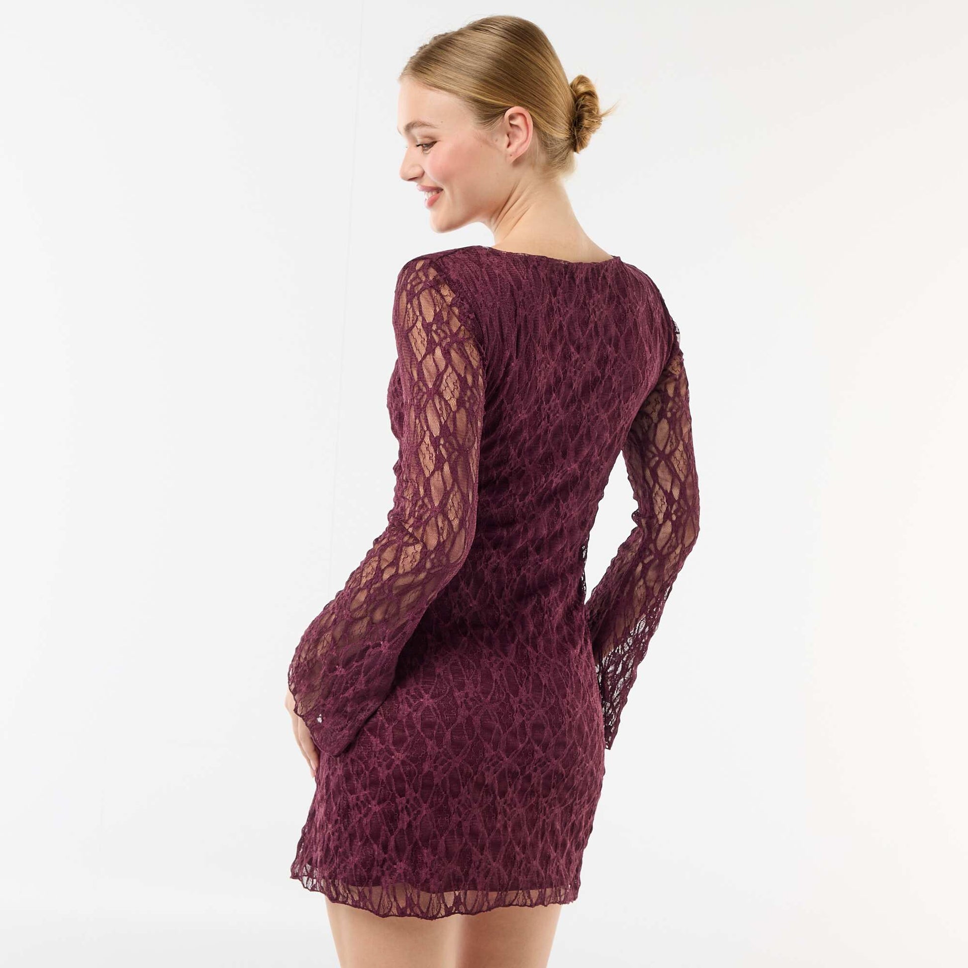 Vestido corto de encaje de manga larga ROJO