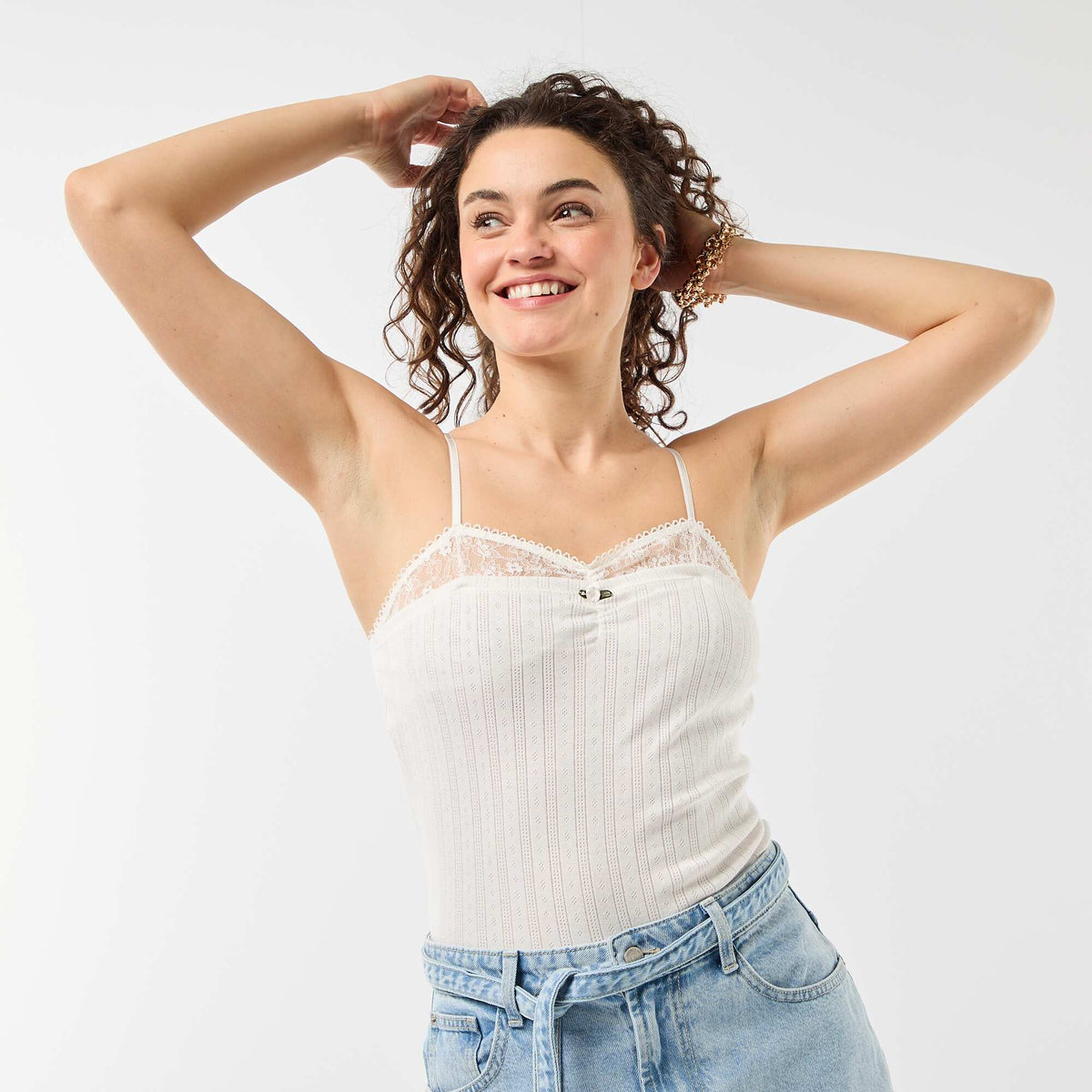 Camiseta de tirantes de punto calado y encaje BLANCO
