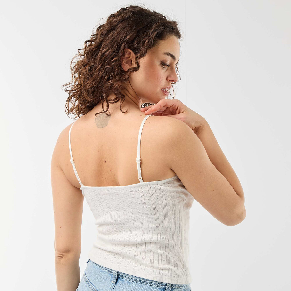 Camiseta de tirantes de punto calado y encaje BLANCO