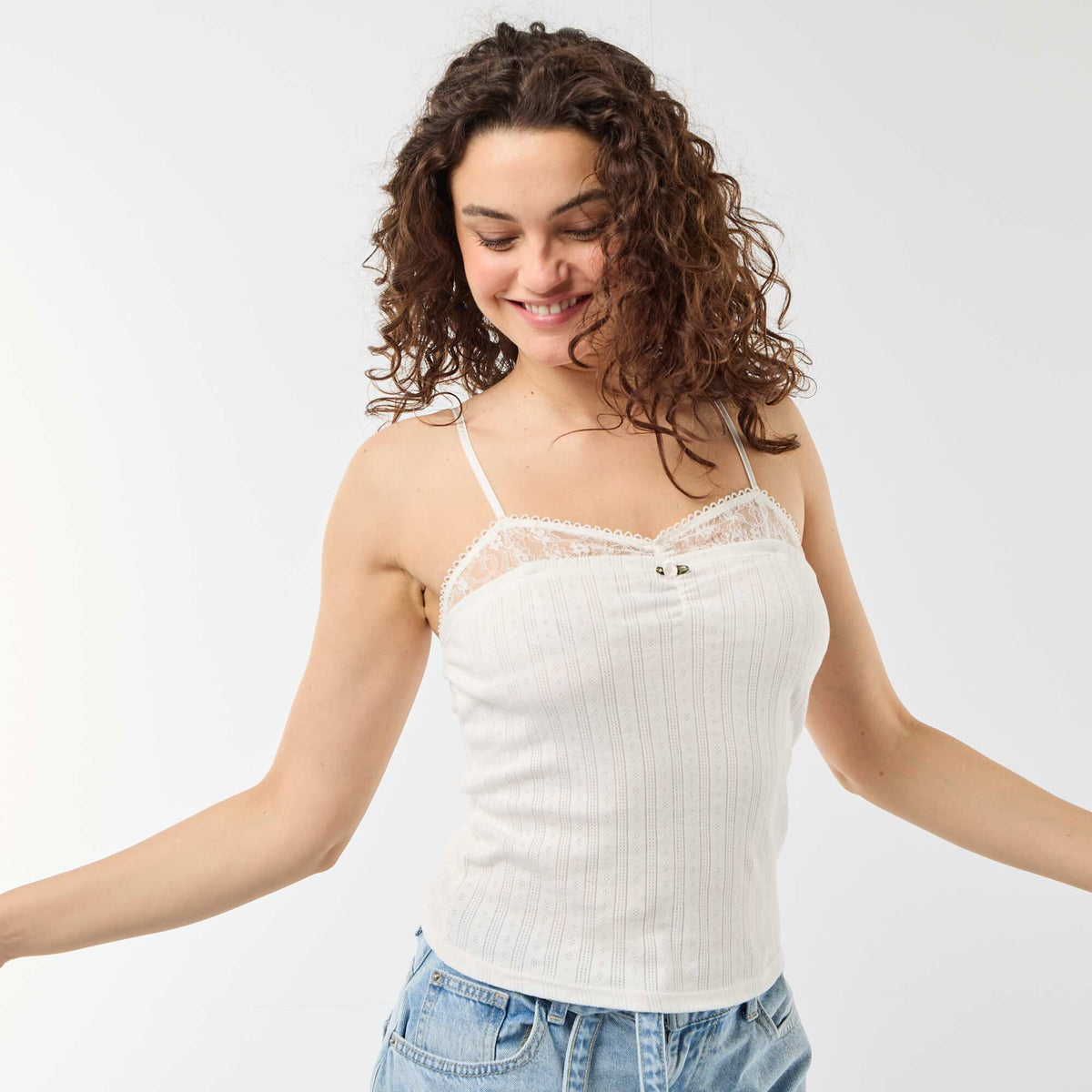 Camiseta de tirantes de punto calado y encaje BLANCO