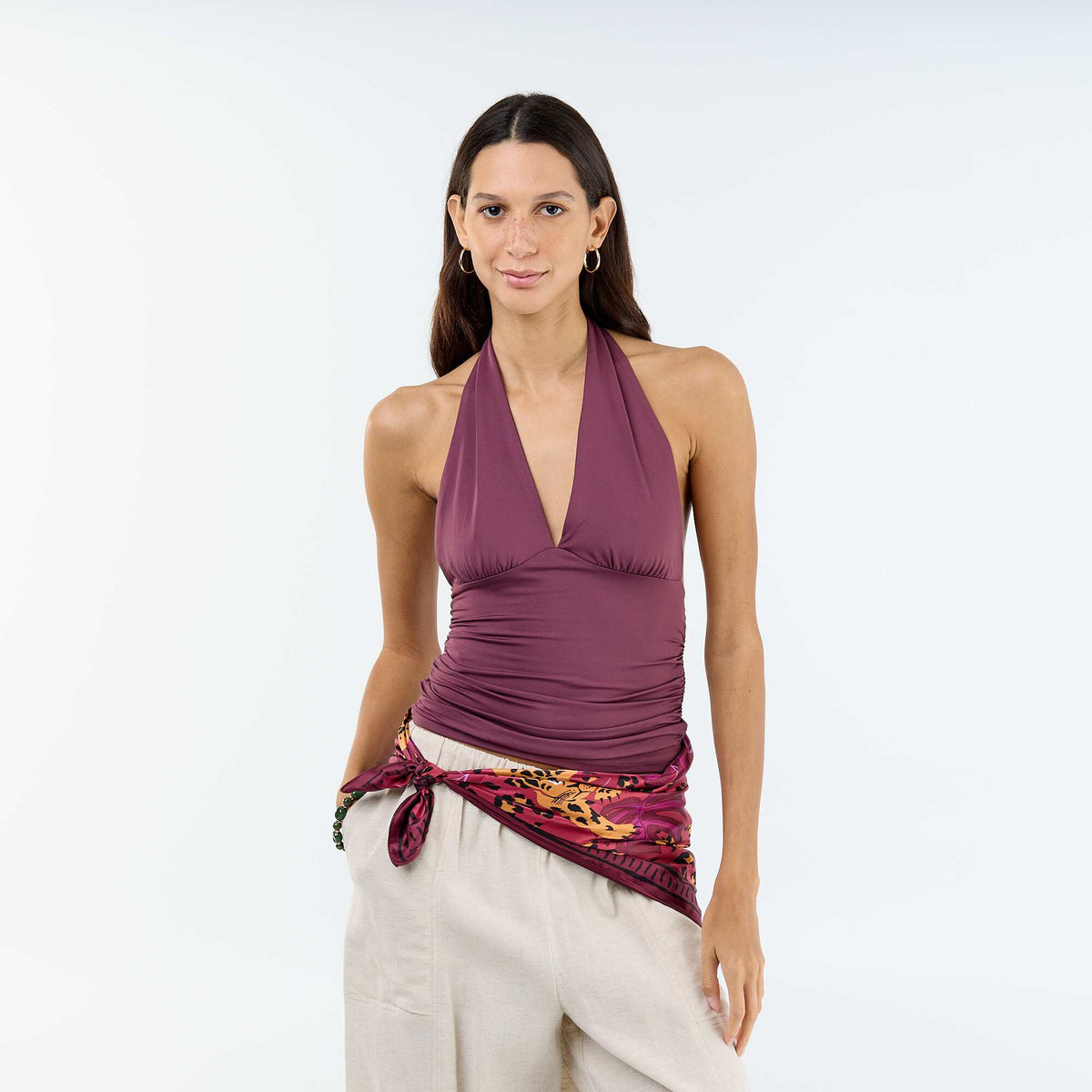 Top elástico con cuello halter PURPURA