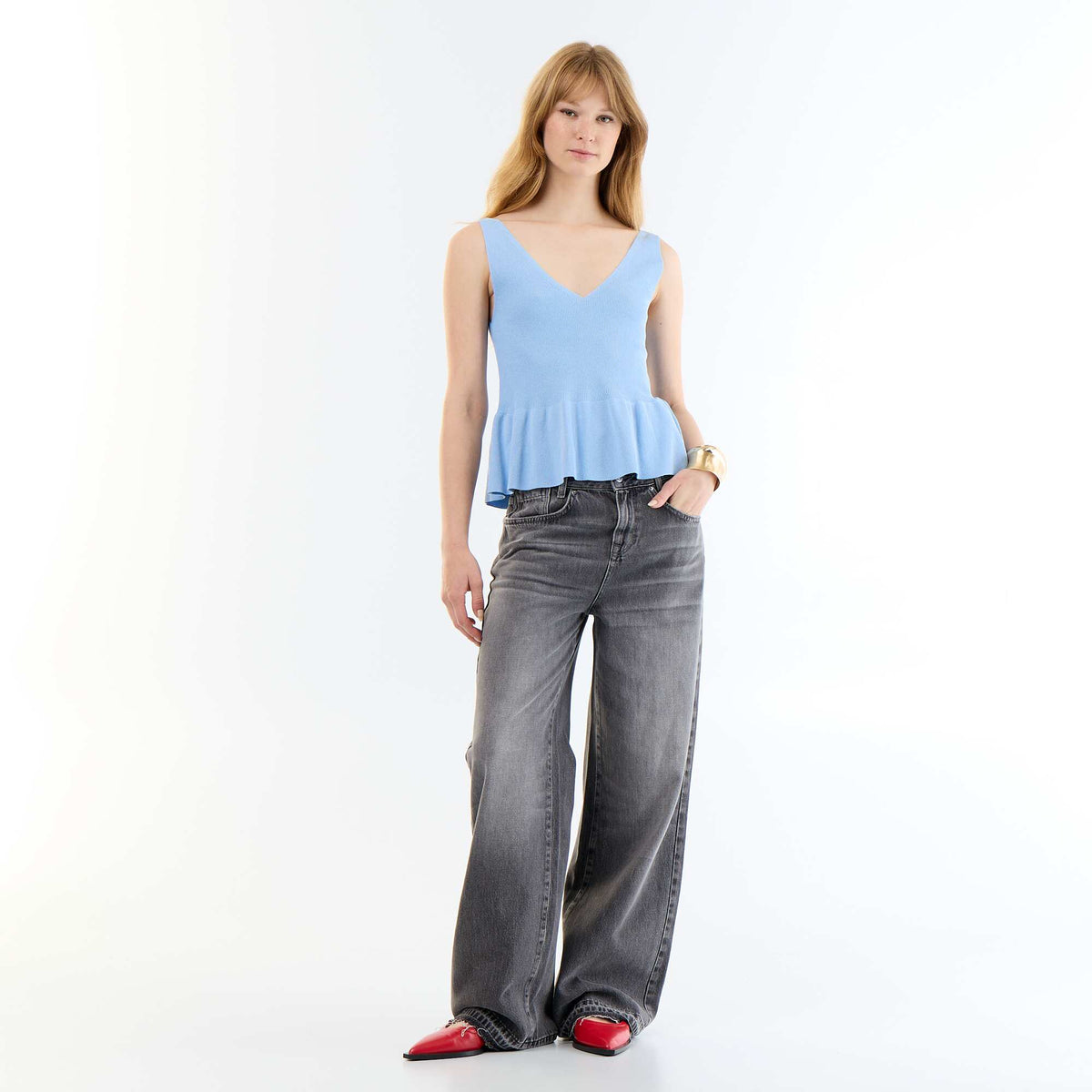 Top sin mangas peplum de canalé AZUL