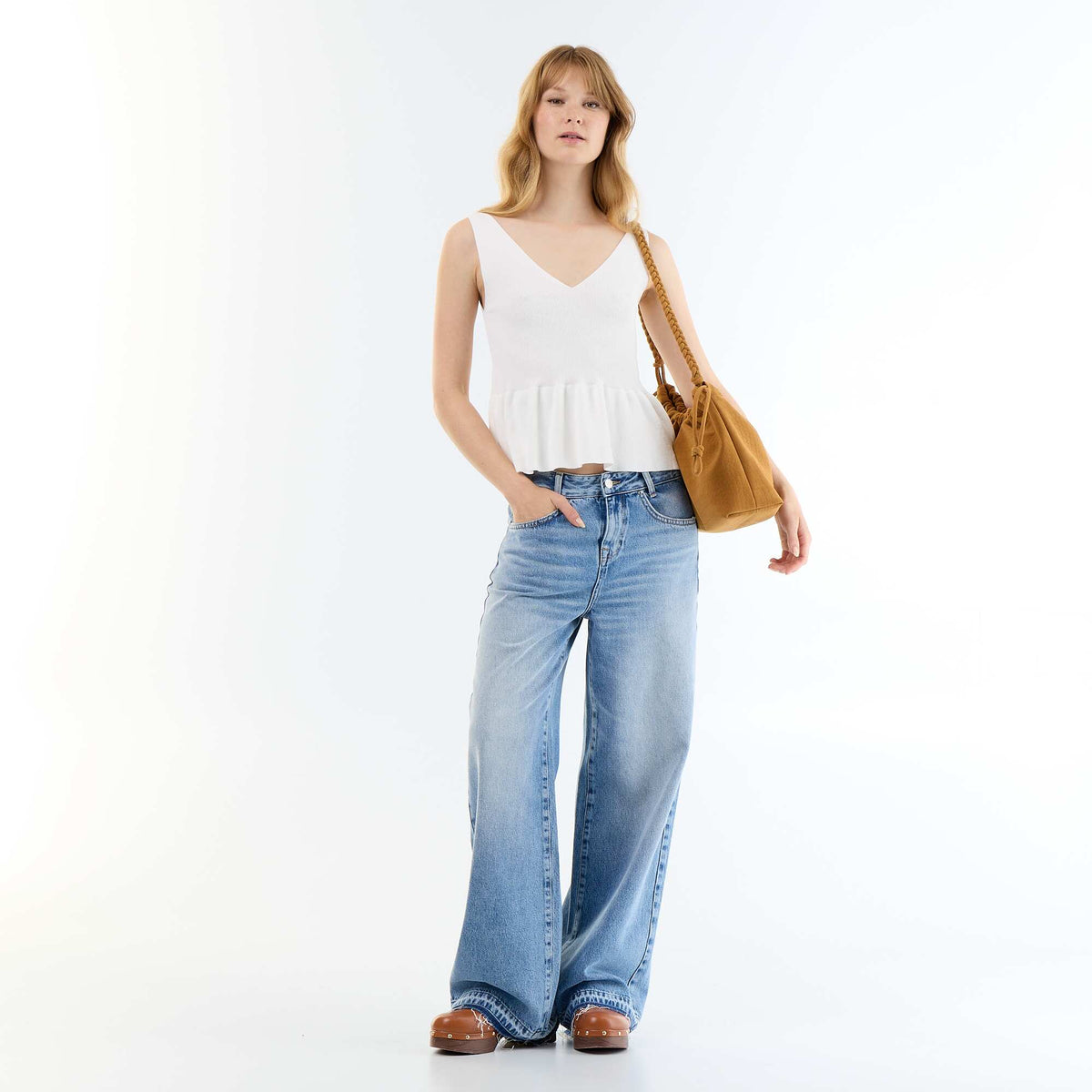 Top sin mangas peplum de canalé BLANCO