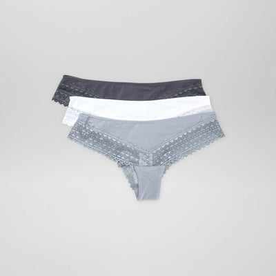 Pack de 3 braguitas brasileñas de algodón y encaje AZUL
