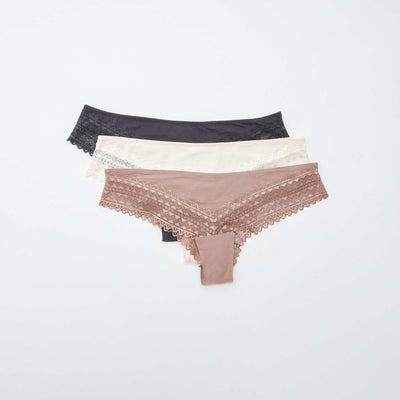 Pack de 3 braguitas brasileñas de algodón y encaje ROSA