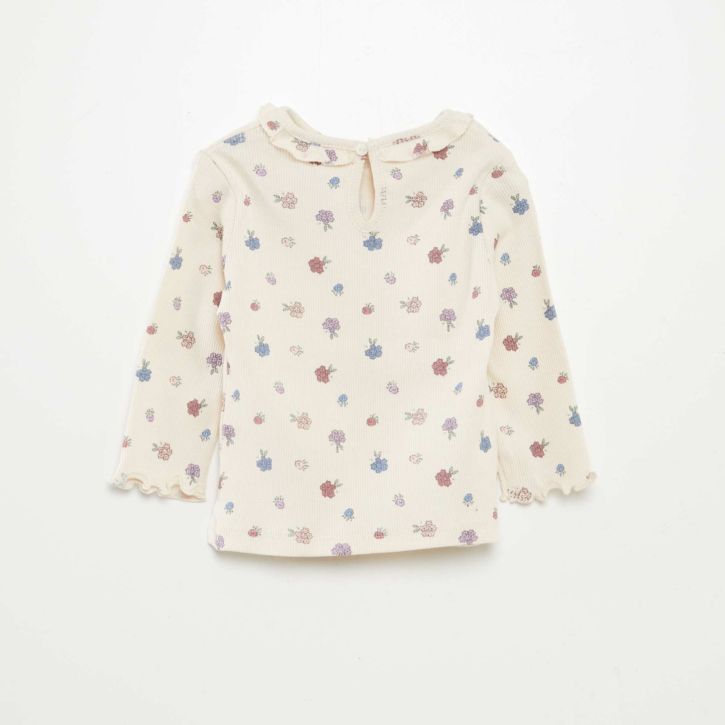 Camiseta de punto de canalé con volante en el cuello BLANCO