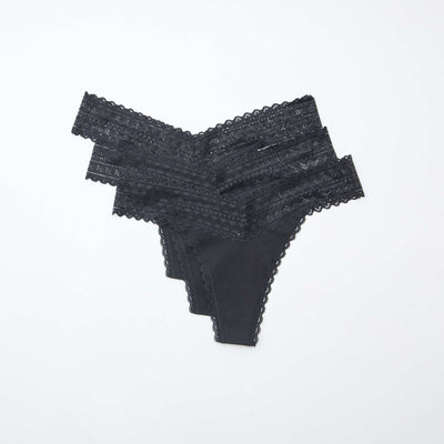 Pack de 3 tangas de algodón y encaje NEGRO