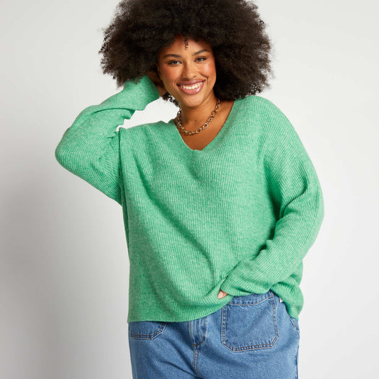 Sweater de punto con cuello de pico Verde