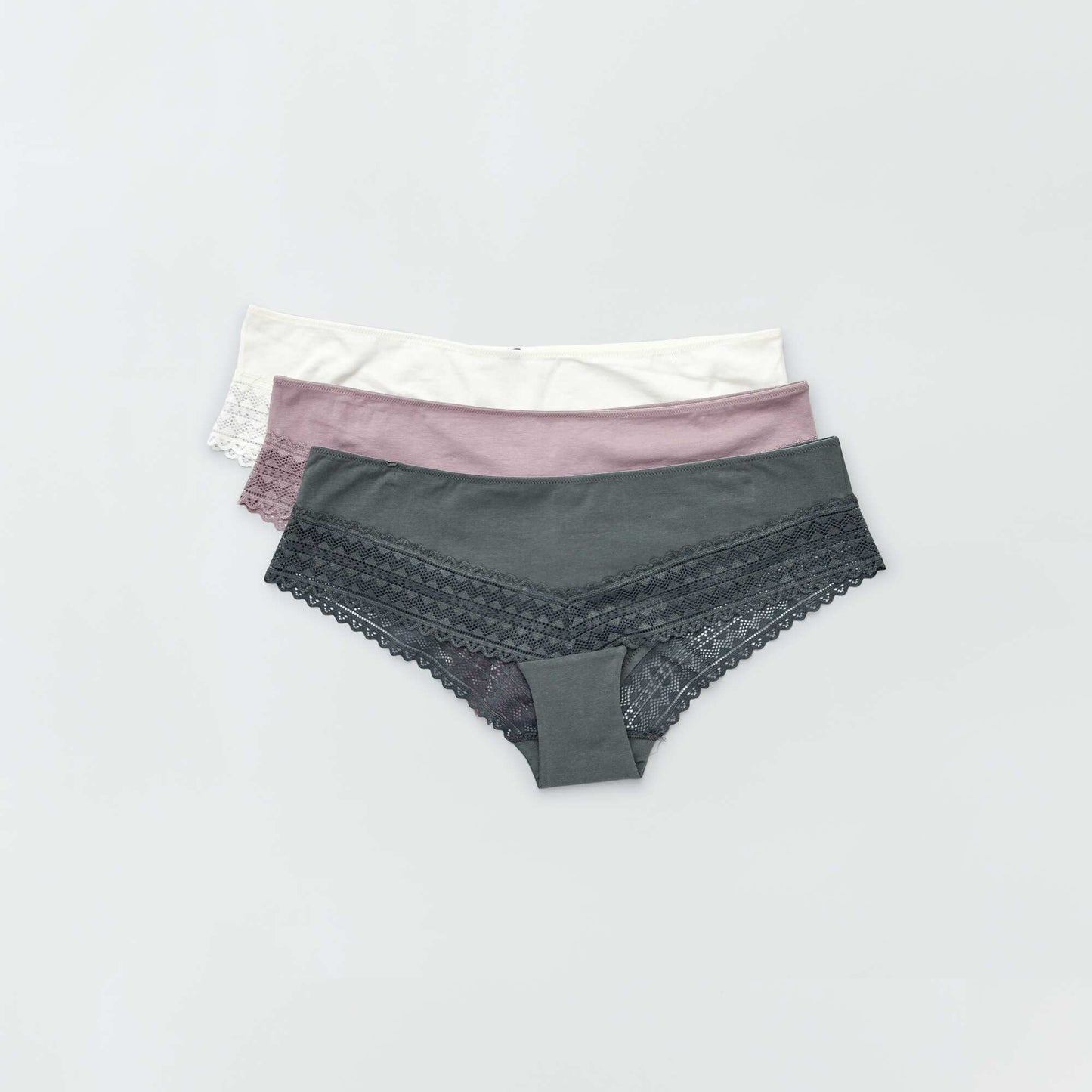 Pack de 3 culottes de algodón y encaje rosa gris