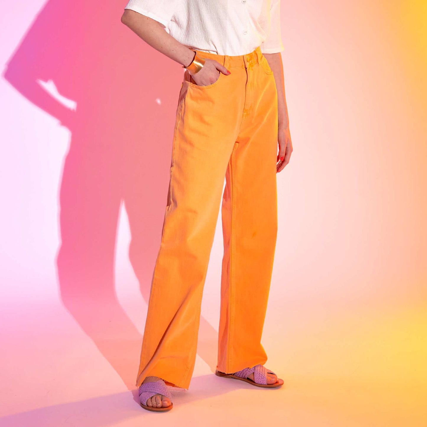 Pantalón wide leg de talle alto naranja albaricoque